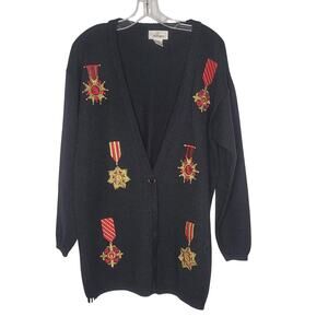 VTG. Worthington Large Sweater Cardigan button up Wool Blend Kitschy Metals BLUE